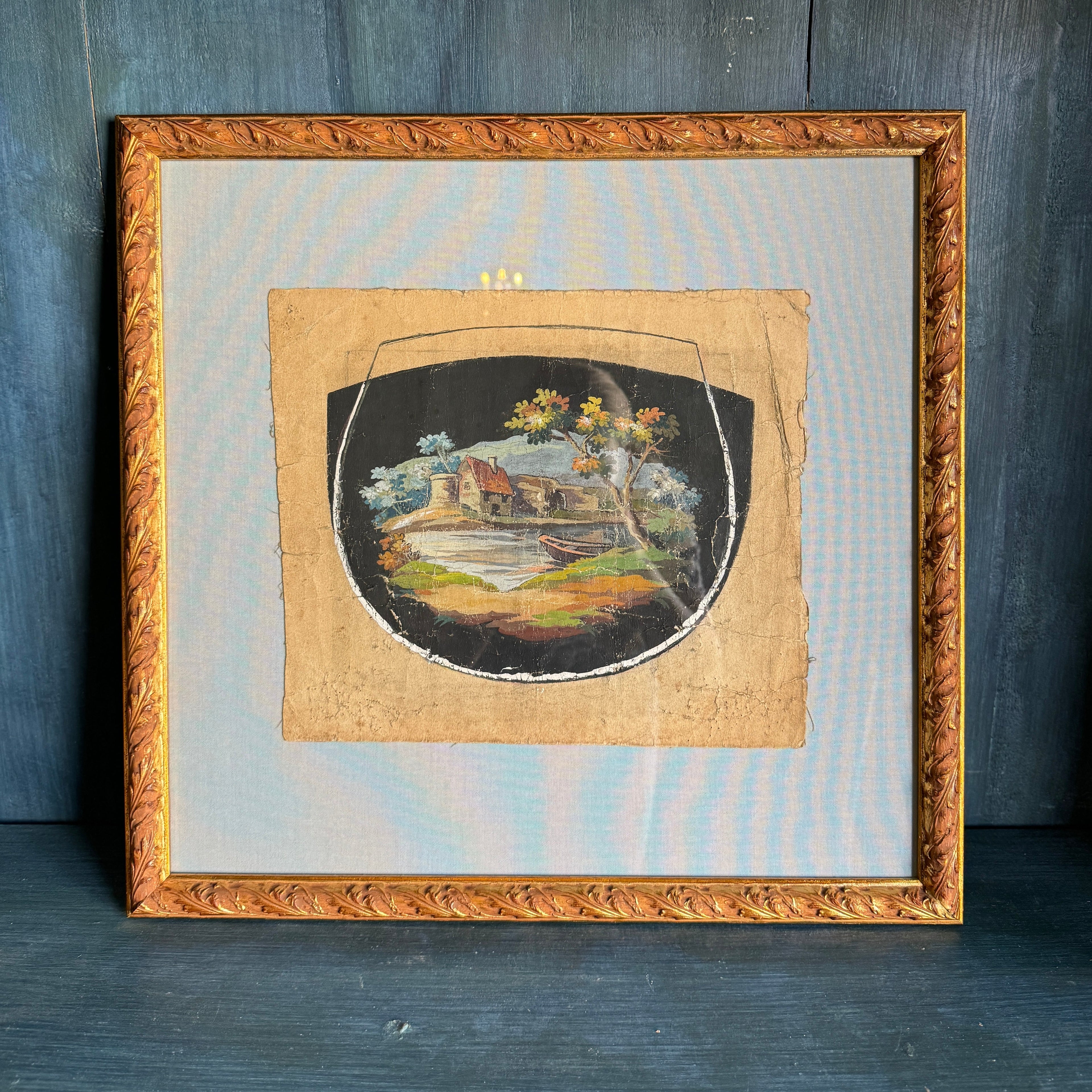 Caricatures d'Aubusson du XIXe siècle encadrées sur un passe-partout en lin bleu pâle