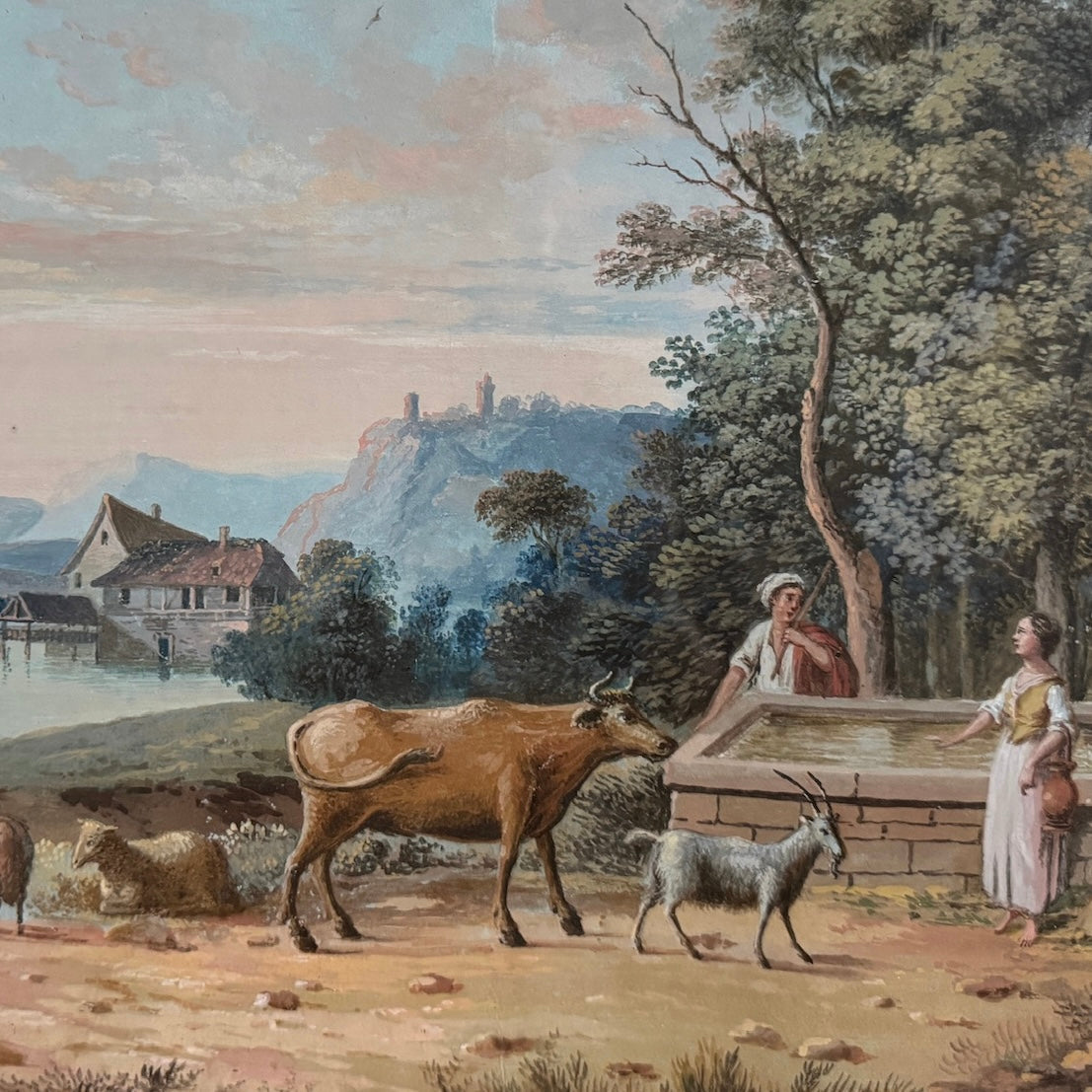 Pastel bucolique français de la fin du XVIIIe siècle dans son cadre doré d'origine