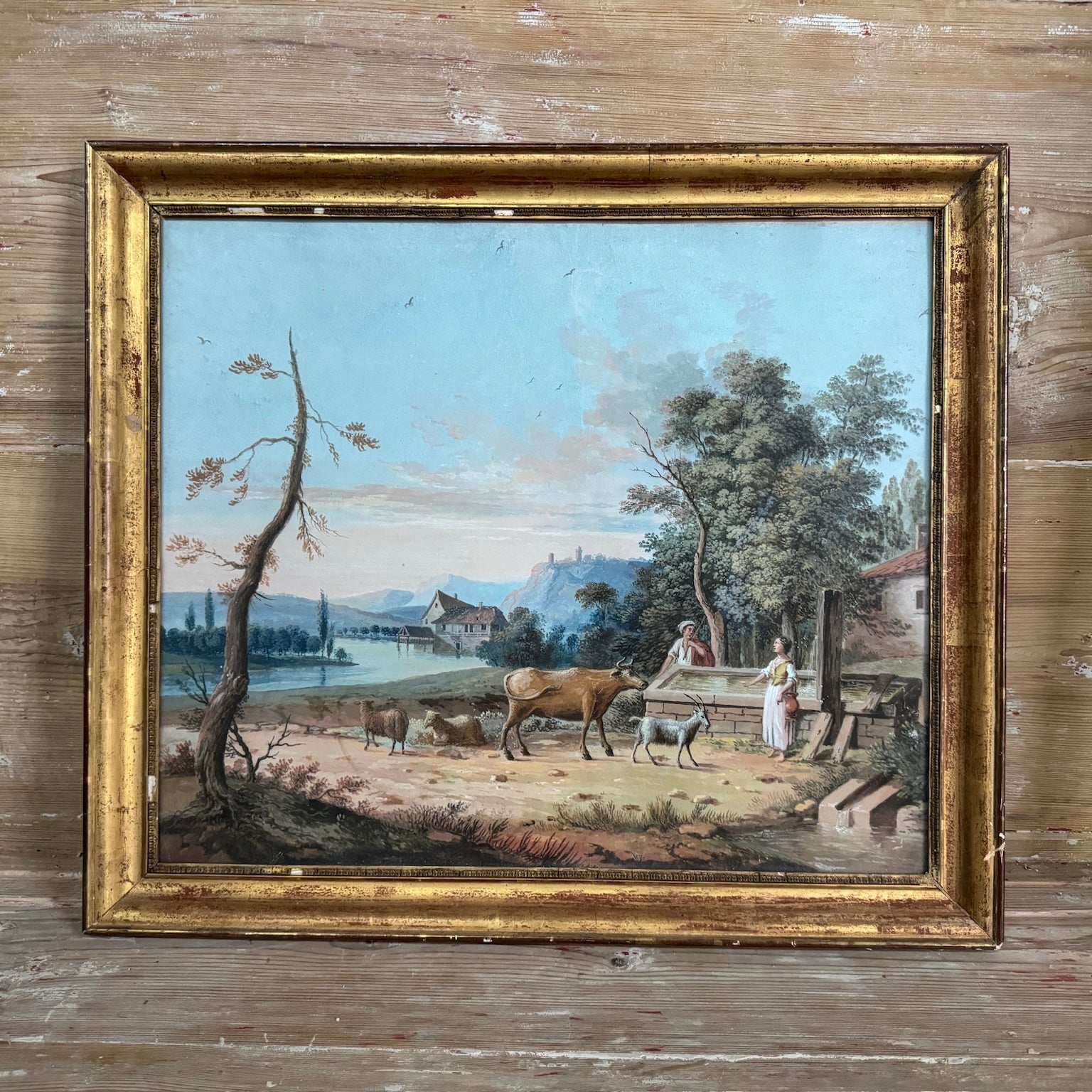 Pastel bucolique français de la fin du XVIIIe siècle dans son cadre doré d'origine