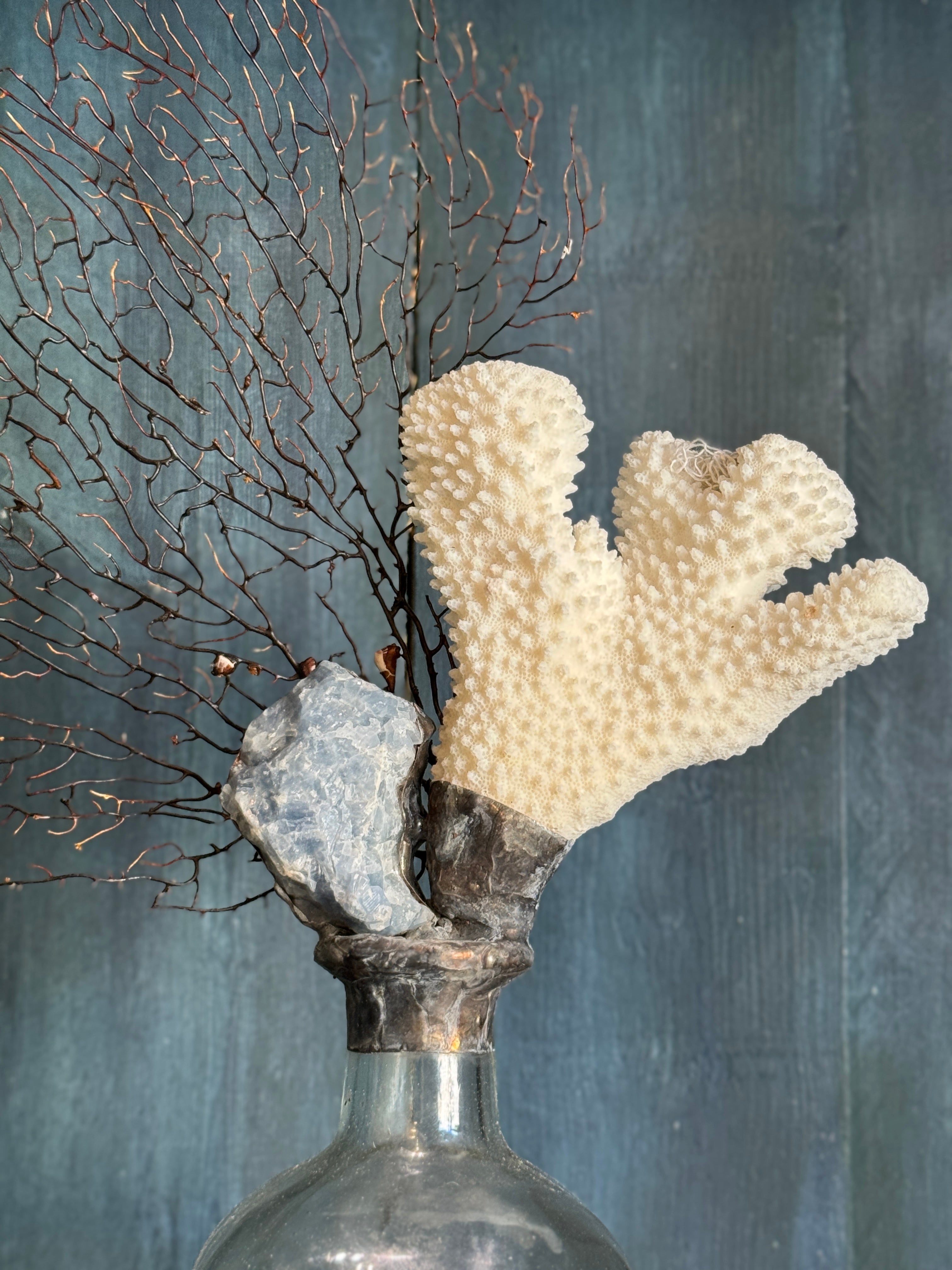 Bouteille sculptée en corail et éventail de mer fabriquée à la main