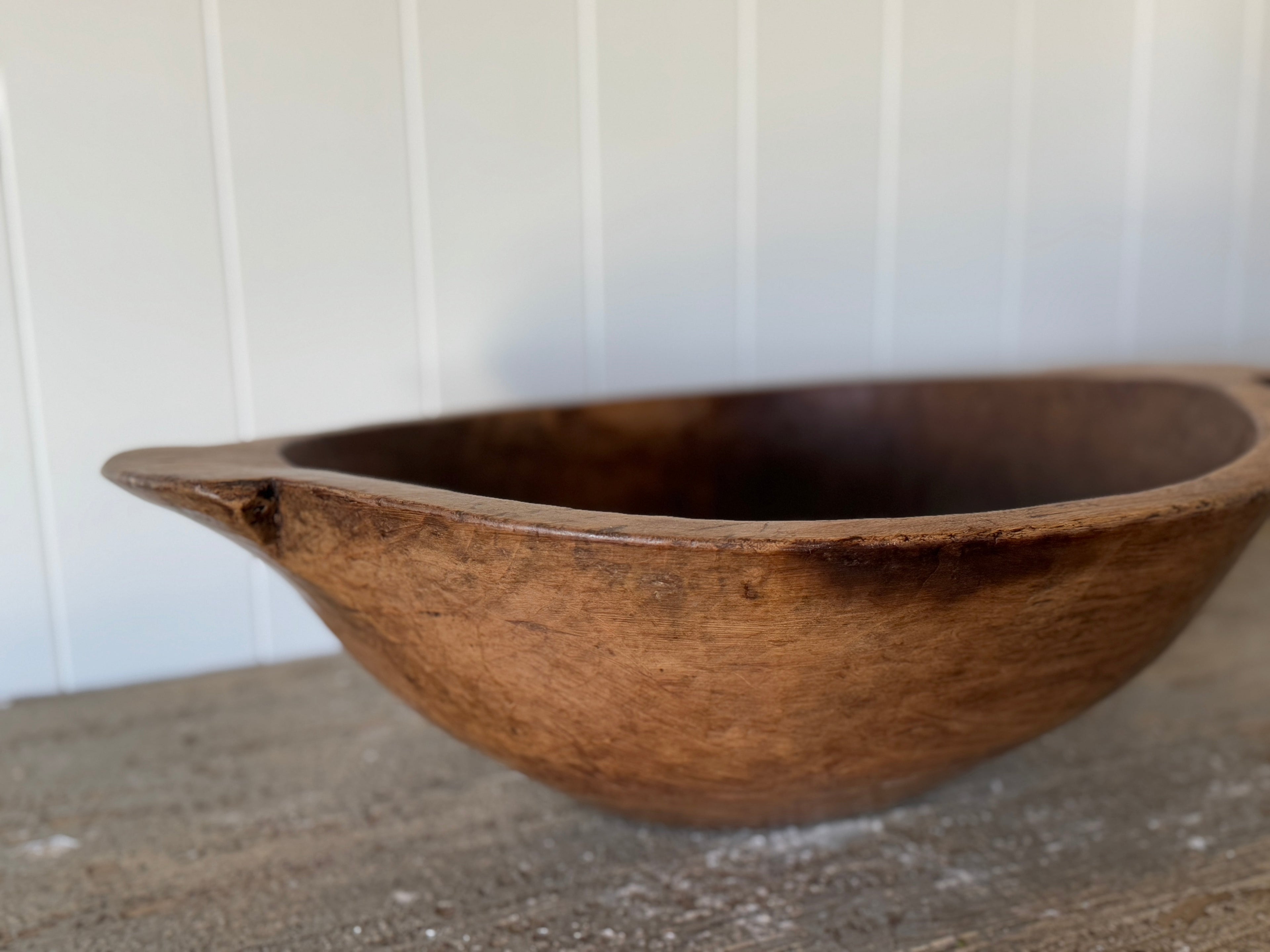 Bol à pâte en bois français antique avec poignées