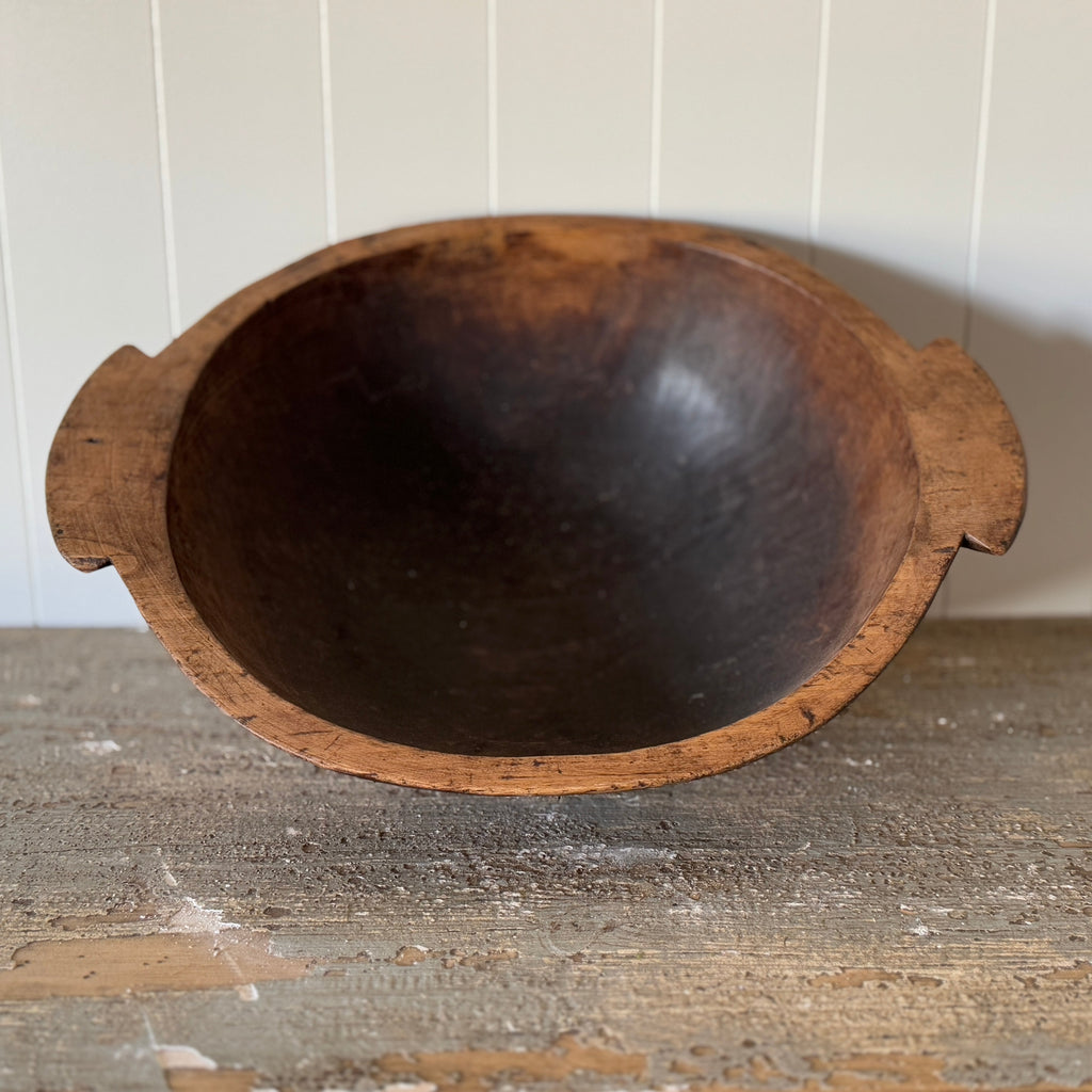 Bol à pâte en bois français antique avec poignées