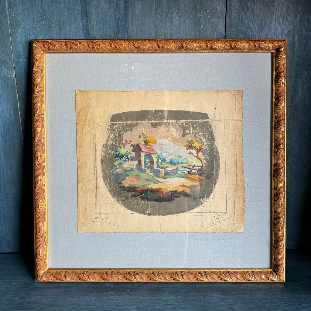 Caricatures d'Aubusson du XIXe siècle encadrées sur un passe-partout en lin bleu pâle