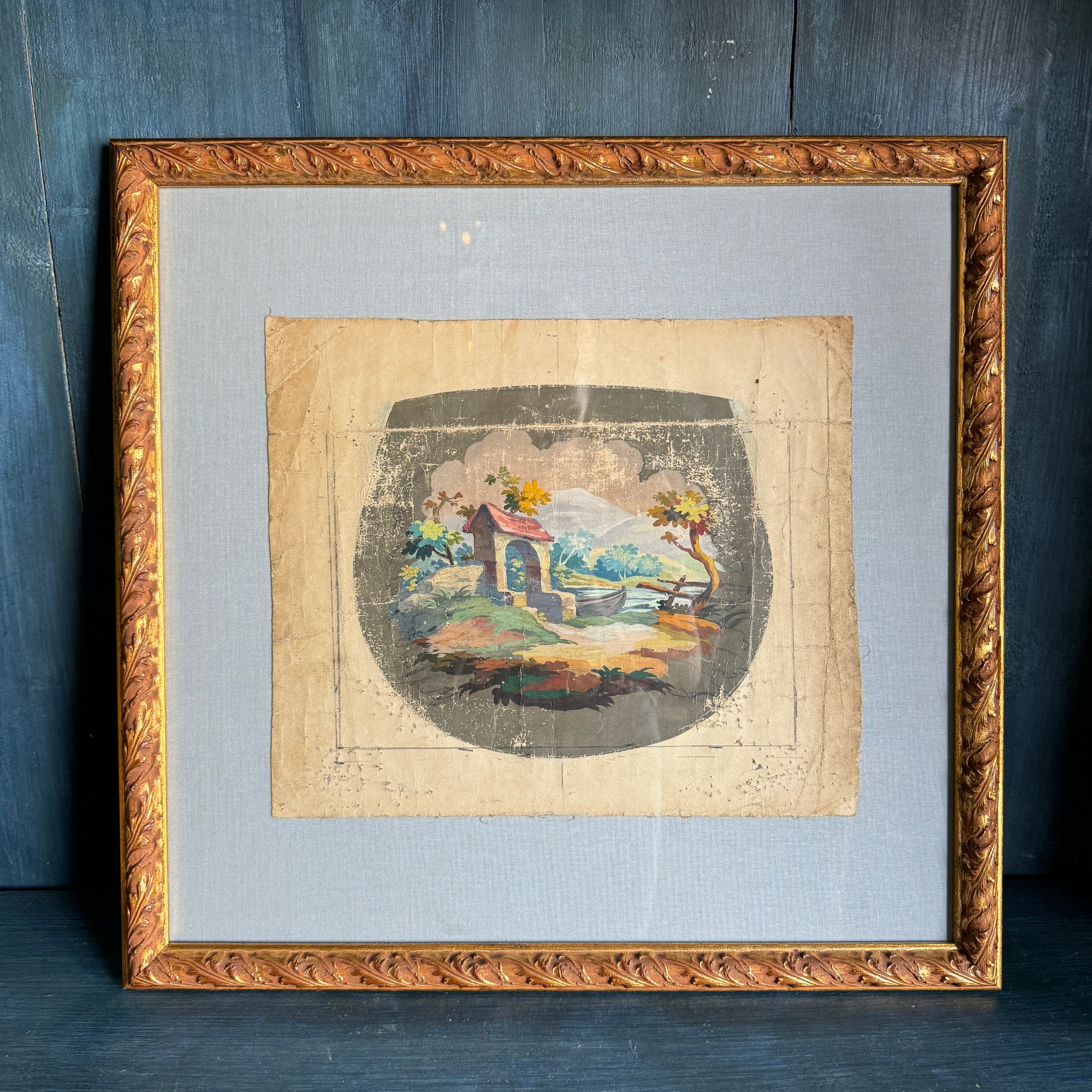 Caricatures d'Aubusson du XIXe siècle encadrées sur un passe-partout en lin bleu pâle