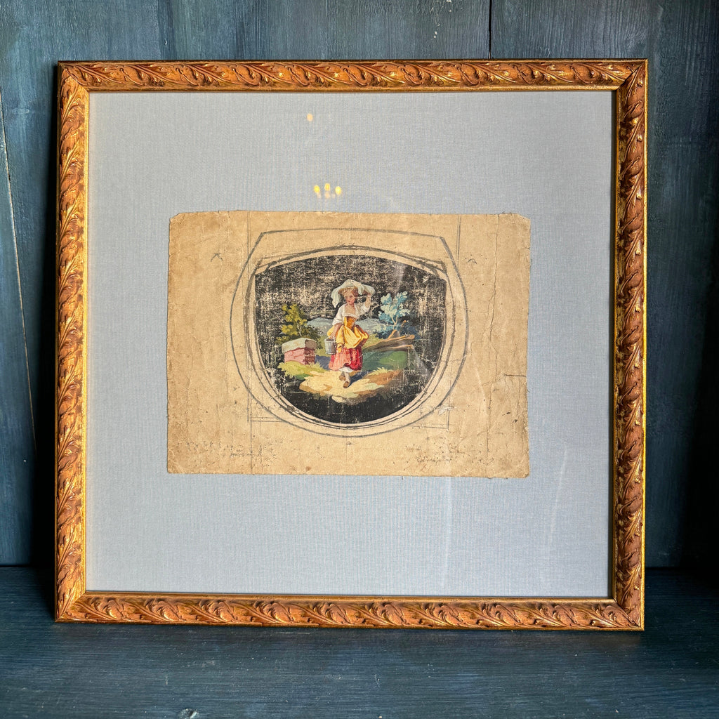 Caricatures d'Aubusson du XIXe siècle encadrées sur un passe-partout en lin bleu pâle
