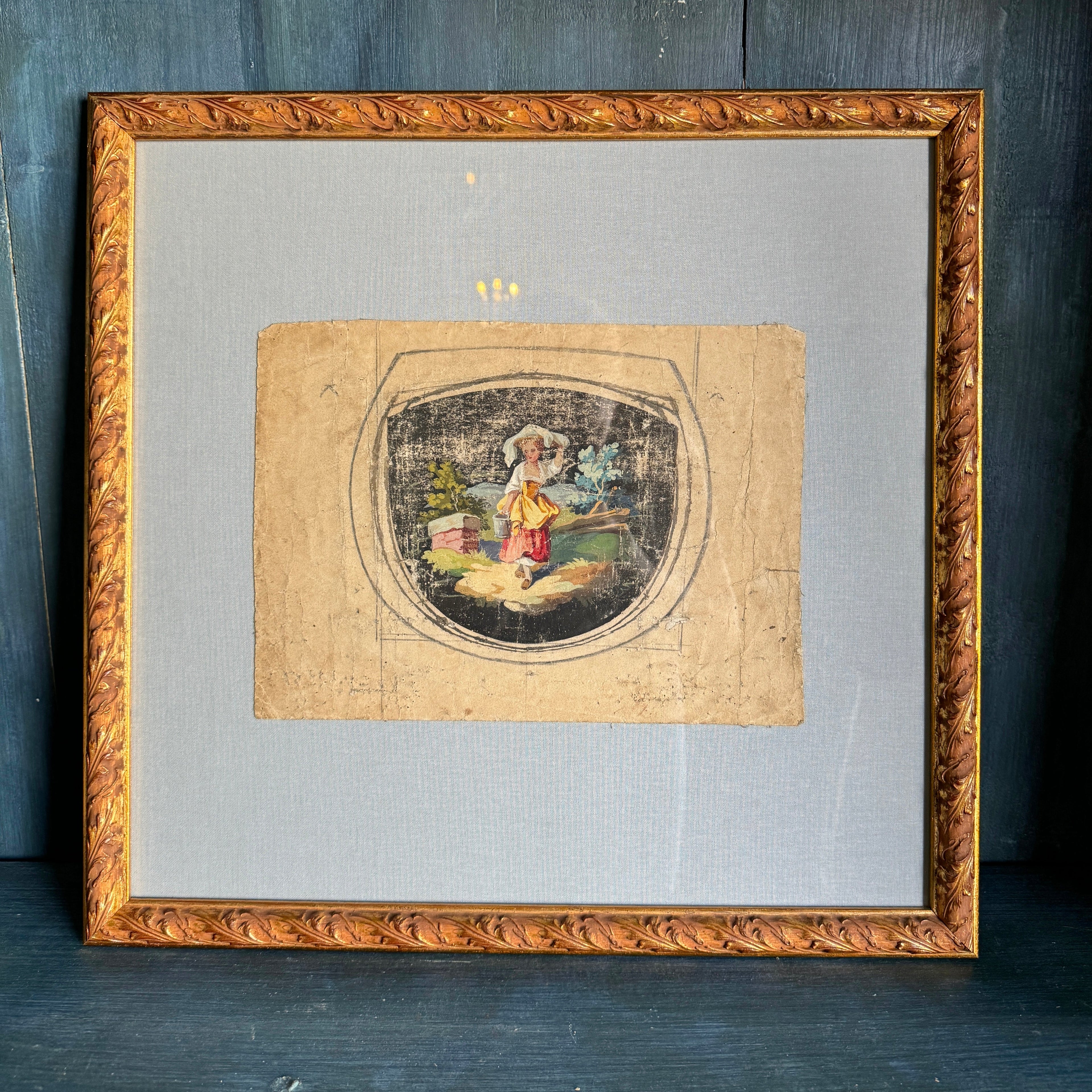 Caricatures d'Aubusson du XIXe siècle encadrées sur un passe-partout en lin bleu pâle