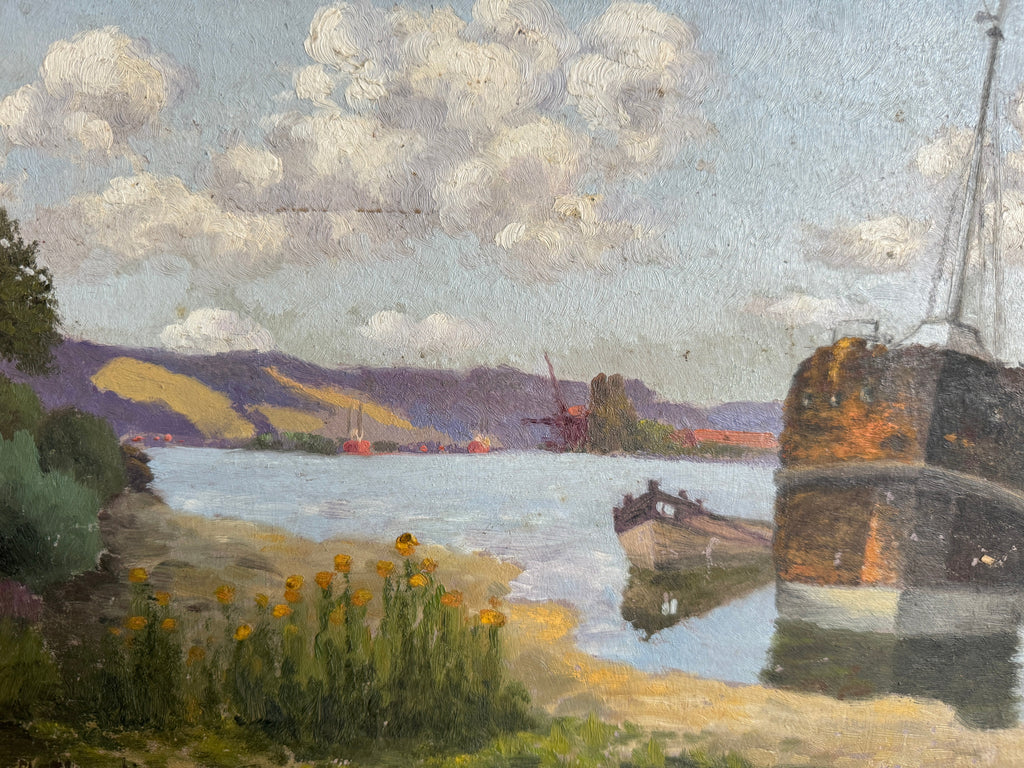 Peinture de paysage de bateau antique 11H x 14,25L
