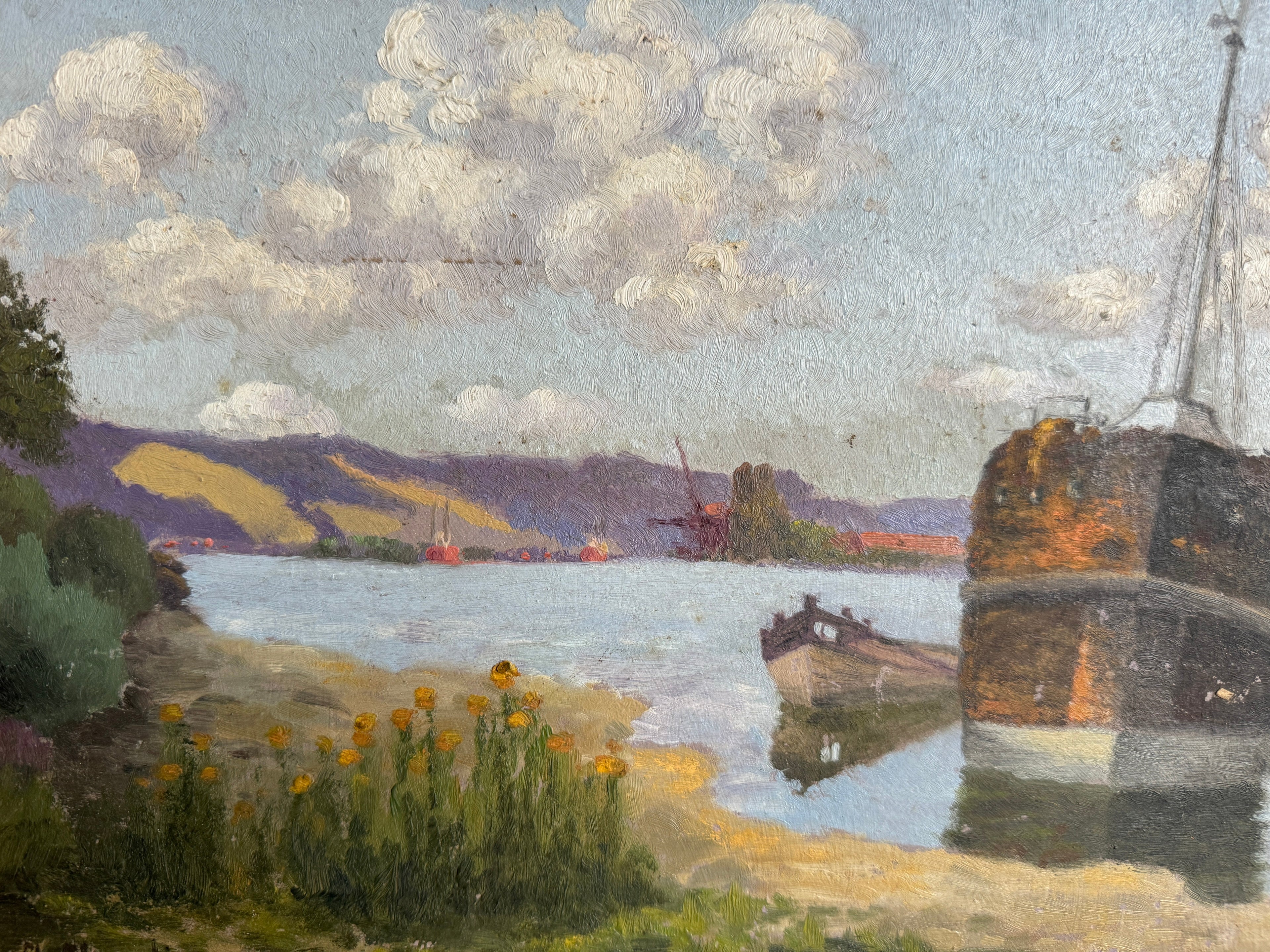 Peinture de paysage de bateau antique 11H x 14,25L